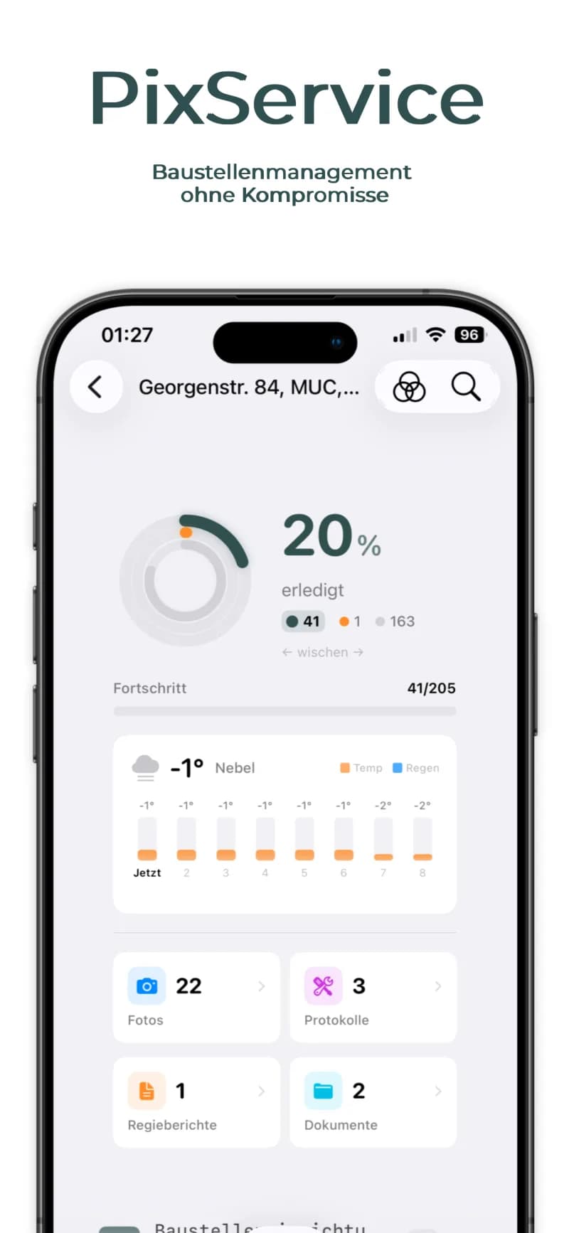 PixService — Baustellenmanagement Dashboard
