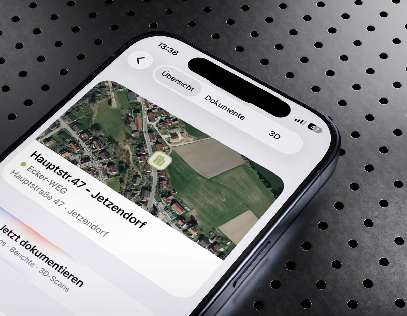 Gebäudeübersicht in der PixAtlas App: Satellitenbild, „Jetzt dokumentieren“, Projekte und letzte Aktivität