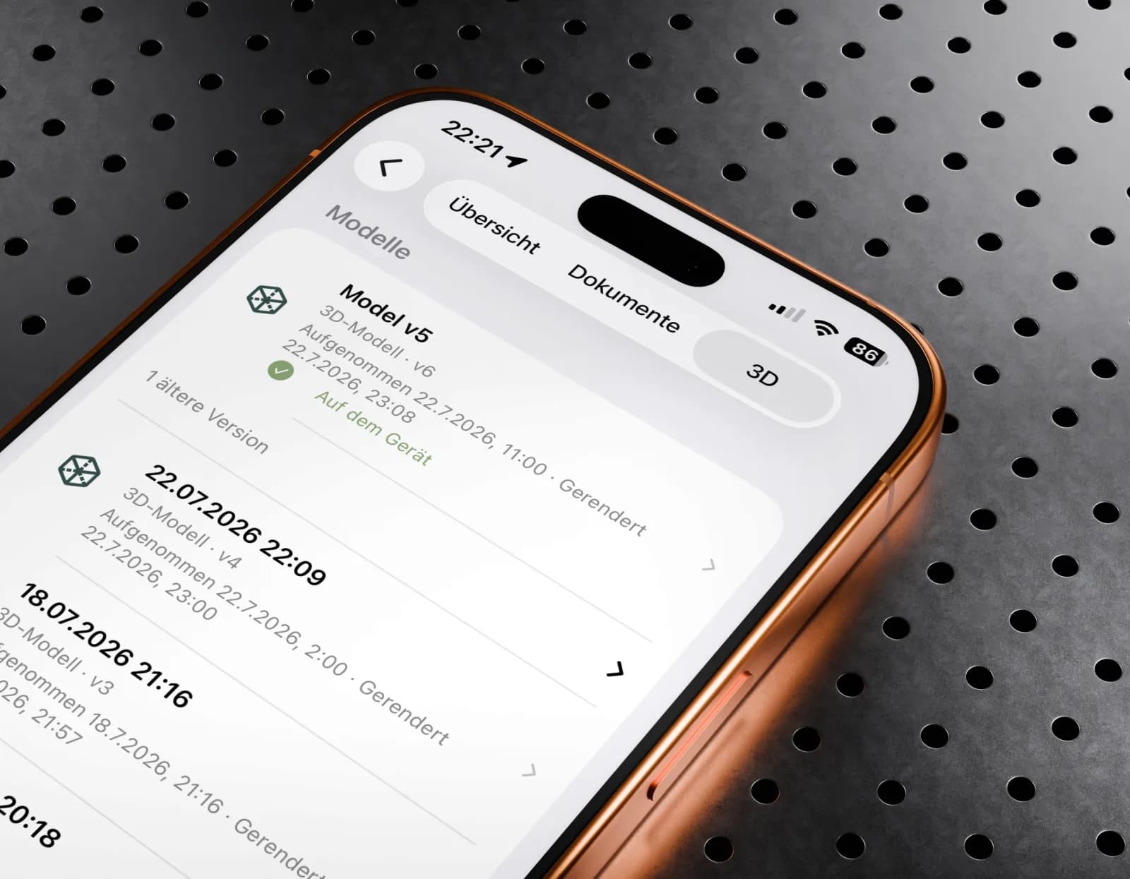 3D-Modelle eines Gebäudes in der PixAtlas App mit Versionsverlauf und Status „Auf dem Gerät“