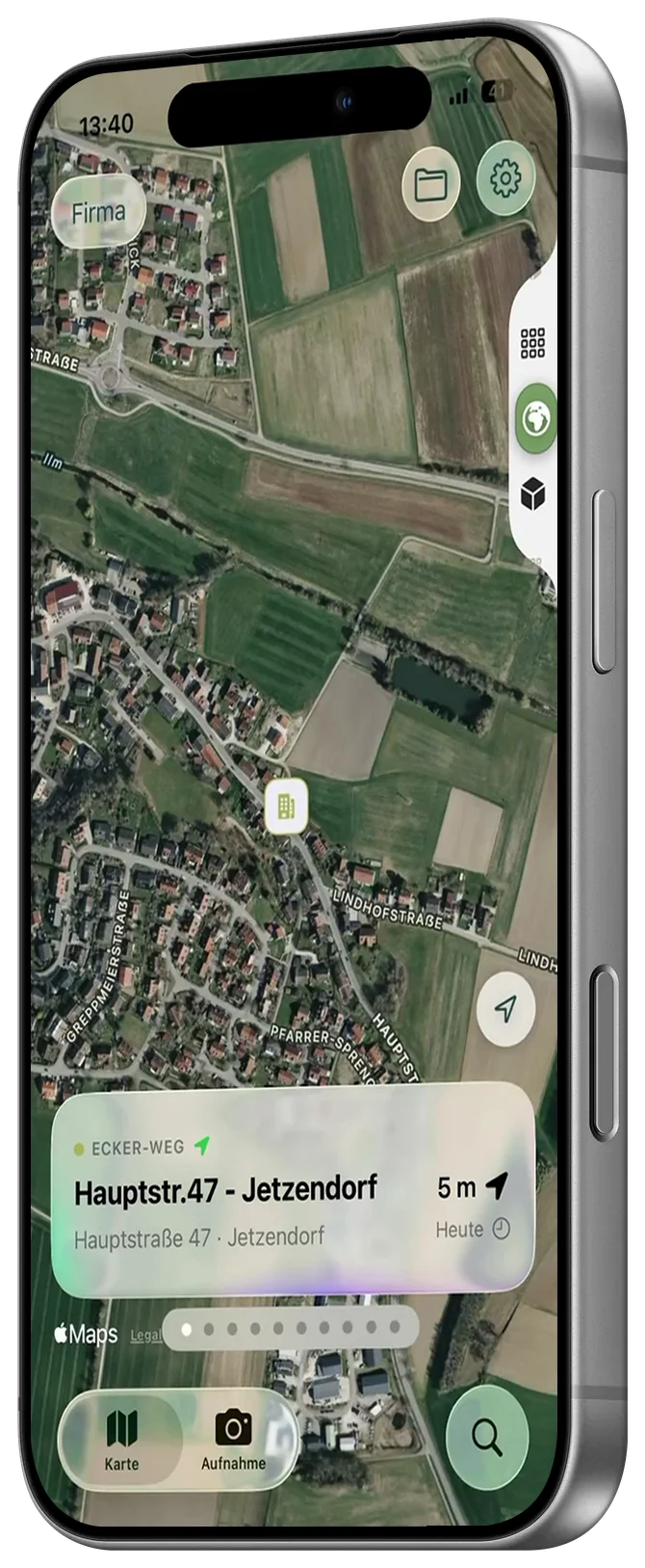 PixAtlas App: Satellitenkarte mit Gebäude-Pin